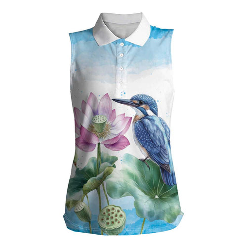 Australia Azure Kingfisher Women Sleeveless Polo Shirt Ceyx Azureus Sacred Lotus Watercolor - Aussie Hoodie