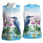 Australia Azure Kingfisher Women Sleeveless Polo Shirt Ceyx Azureus Sacred Lotus Watercolor - Aussie Hoodie