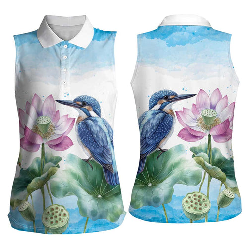 Australia Azure Kingfisher Women Sleeveless Polo Shirt Ceyx Azureus Sacred Lotus Watercolor - Aussie Hoodie