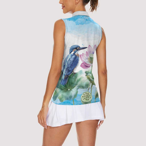 Australia Azure Kingfisher Women Sleeveless Polo Shirt Ceyx Azureus Sacred Lotus Watercolor - Aussie Hoodie