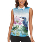Australia Azure Kingfisher Women Sleeveless Polo Shirt Ceyx Azureus Sacred Lotus Watercolor - Aussie Hoodie
