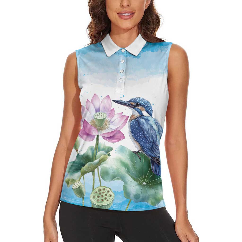 Australia Azure Kingfisher Women Sleeveless Polo Shirt Ceyx Azureus Sacred Lotus Watercolor - Aussie Hoodie