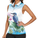 Australia Azure Kingfisher Women Sleeveless Polo Shirt Ceyx Azureus Sacred Lotus Watercolor - Aussie Hoodie