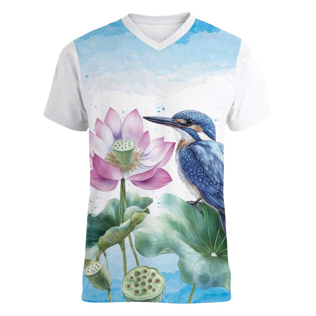 Australia Azure Kingfisher Women V-Neck T-Shirt Ceyx Azureus Sacred Lotus Watercolor - Aussie Hoodie