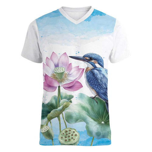 Australia Azure Kingfisher Women V-Neck T-Shirt Ceyx Azureus Sacred Lotus Watercolor - Aussie Hoodie