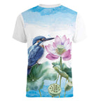 Australia Azure Kingfisher Women V-Neck T-Shirt Ceyx Azureus Sacred Lotus Watercolor - Aussie Hoodie