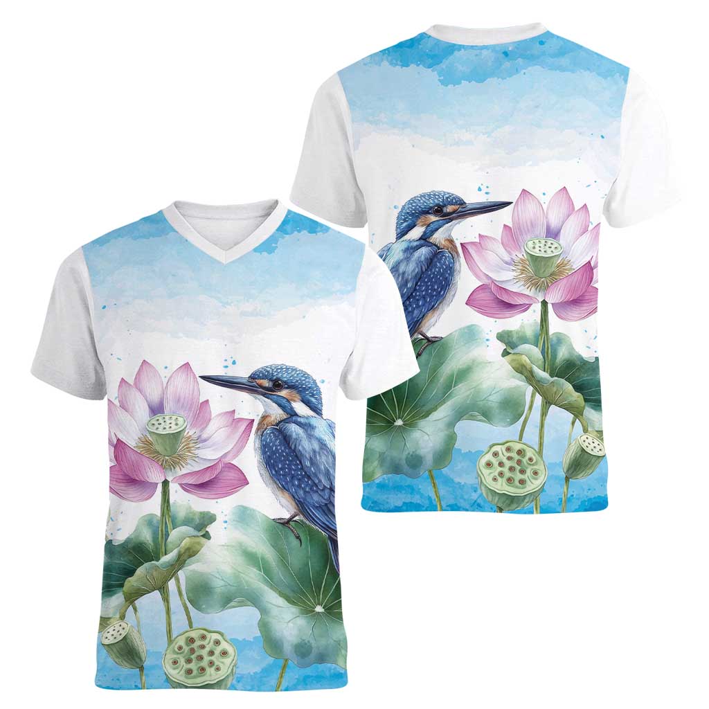 Australia Azure Kingfisher Women V-Neck T-Shirt Ceyx Azureus Sacred Lotus Watercolor - Aussie Hoodie