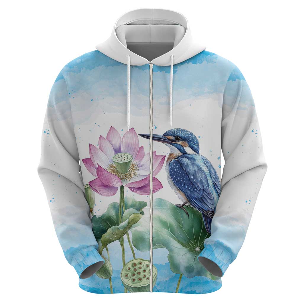 Australia Azure Kingfisher Zip Hoodie Ceyx Azureus Sacred Lotus Watercolor - Aussie Hoodie