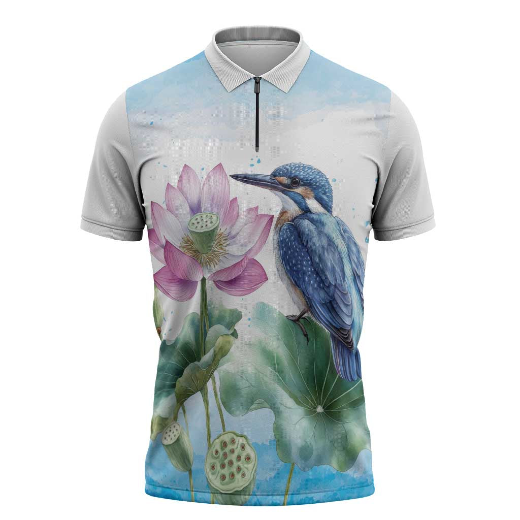 Australia Azure Kingfisher Zipper Polo Shirt Ceyx Azureus Sacred Lotus Watercolor - Aussie Hoodie