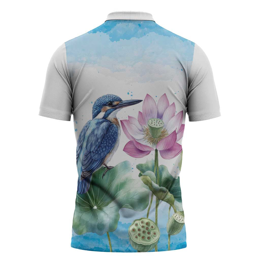 Australia Azure Kingfisher Zipper Polo Shirt Ceyx Azureus Sacred Lotus Watercolor - Aussie Hoodie
