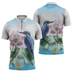 Australia Azure Kingfisher Zipper Polo Shirt Ceyx Azureus Sacred Lotus Watercolor - Aussie Hoodie