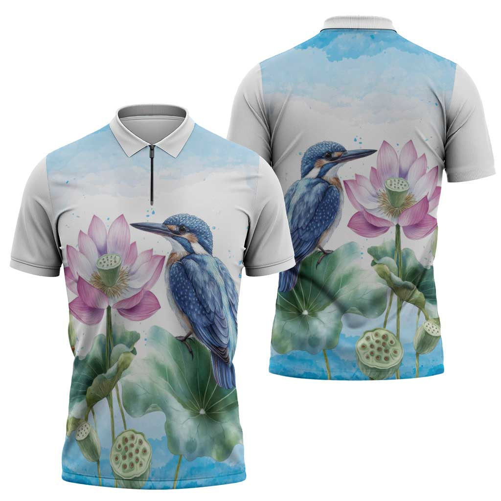 Australia Azure Kingfisher Zipper Polo Shirt Ceyx Azureus Sacred Lotus Watercolor - Aussie Hoodie