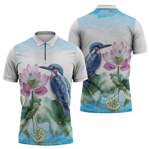 Australia Azure Kingfisher Zipper Polo Shirt Ceyx Azureus Sacred Lotus Watercolor - Aussie Hoodie