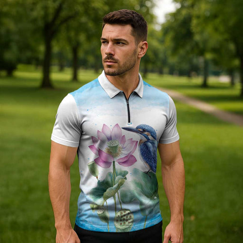 Australia Azure Kingfisher Zipper Polo Shirt Ceyx Azureus Sacred Lotus Watercolor - Aussie Hoodie
