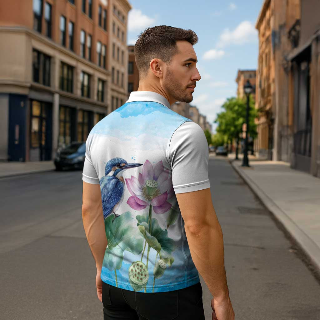 Australia Azure Kingfisher Zipper Polo Shirt Ceyx Azureus Sacred Lotus Watercolor - Aussie Hoodie
