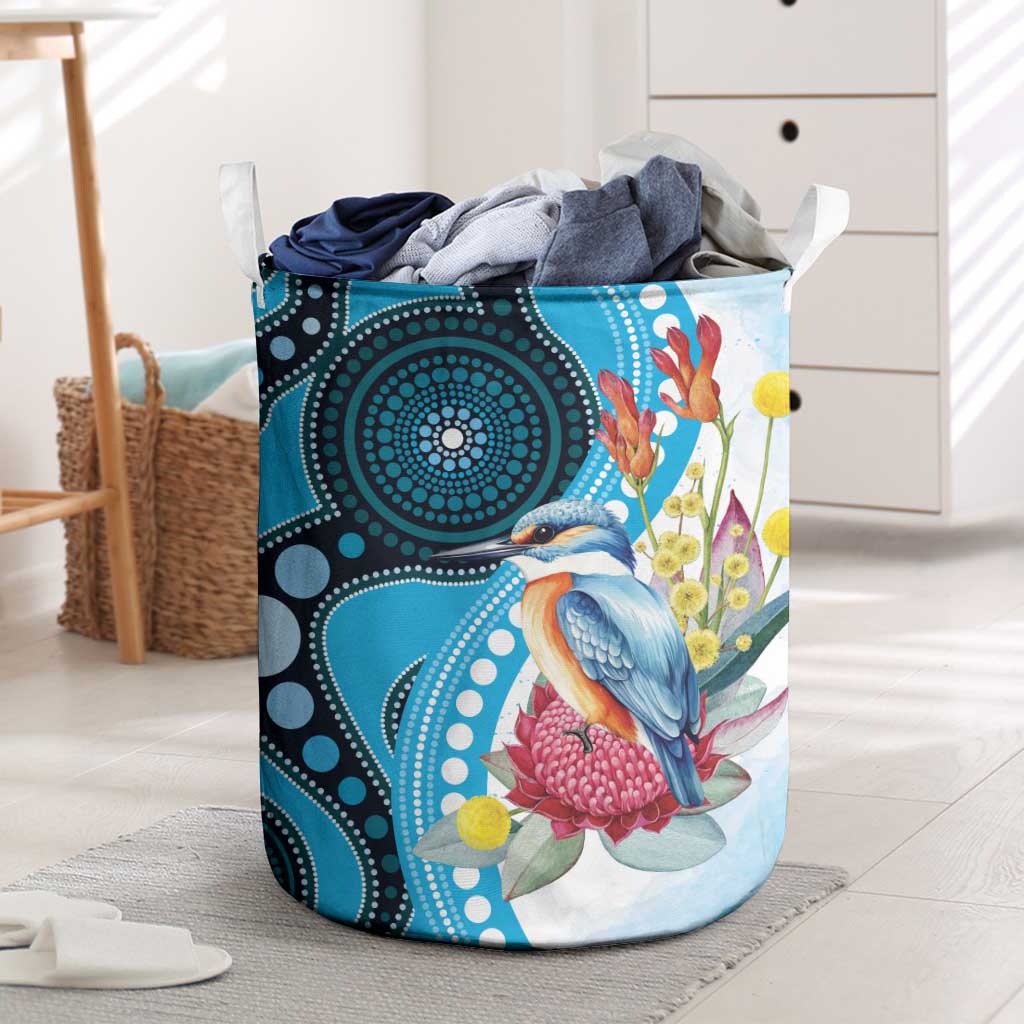 Australia Azure Kingfisher Laundry Basket Australian Native Flowers Indigenous Art - Aussie Hoodie