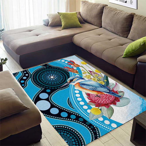 Australia Azure Kingfisher Area Rug Australian Native Flowers Indigenous Art - Aussie Hoodie
