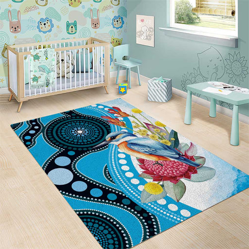 Australia Azure Kingfisher Area Rug Australian Native Flowers Indigenous Art - Aussie Hoodie