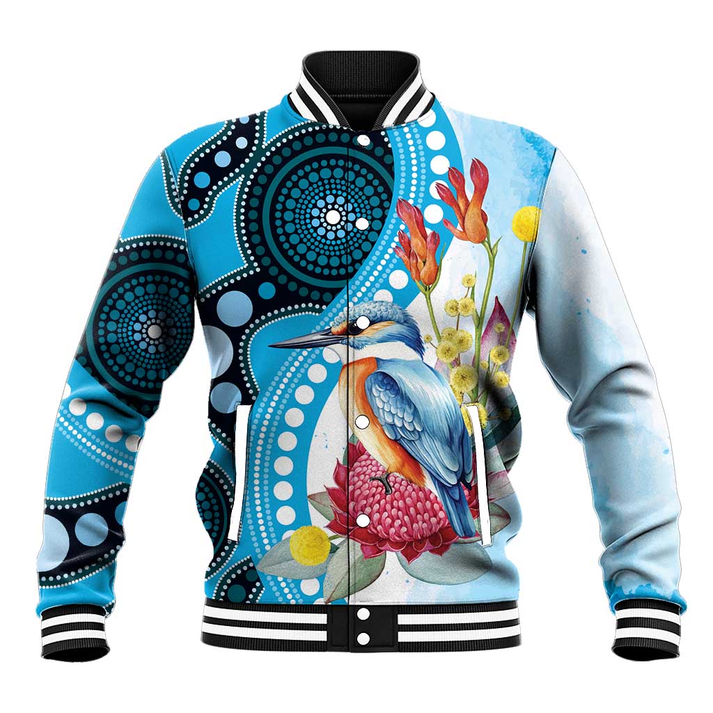 Australia Azure Kingfisher Baseball Jacket Australian Native Flowers Indigenous Art - Aussie Hoodie