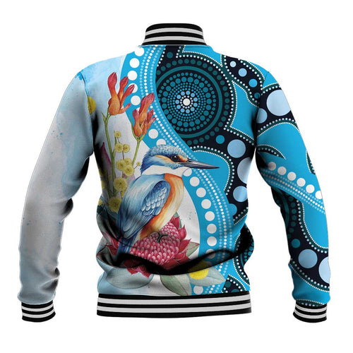 Australia Azure Kingfisher Baseball Jacket Australian Native Flowers Indigenous Art - Aussie Hoodie