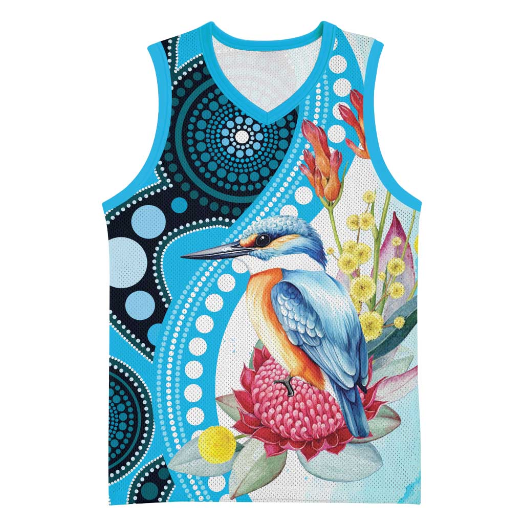 Australia Azure Kingfisher Basketball Jersey Australian Native Flowers Indigenous Art - Aussie Hoodie