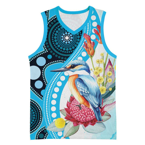 Australia Azure Kingfisher Basketball Jersey Australian Native Flowers Indigenous Art - Aussie Hoodie