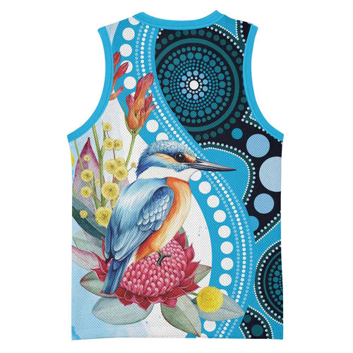Australia Azure Kingfisher Basketball Jersey Australian Native Flowers Indigenous Art - Aussie Hoodie