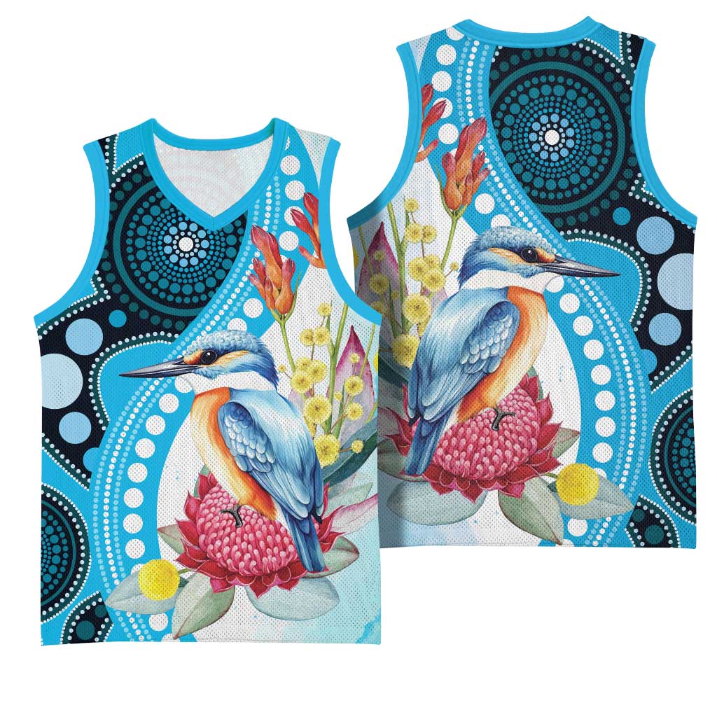 Australia Azure Kingfisher Basketball Jersey Australian Native Flowers Indigenous Art - Aussie Hoodie