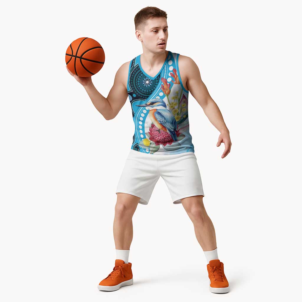 Australia Azure Kingfisher Basketball Jersey Australian Native Flowers Indigenous Art - Aussie Hoodie