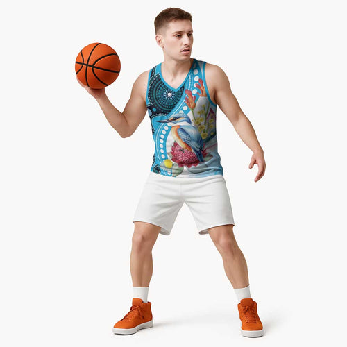 Australia Azure Kingfisher Basketball Jersey Australian Native Flowers Indigenous Art - Aussie Hoodie