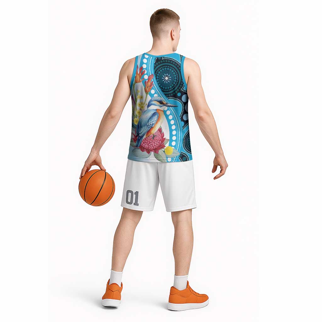 Australia Azure Kingfisher Basketball Jersey Australian Native Flowers Indigenous Art - Aussie Hoodie