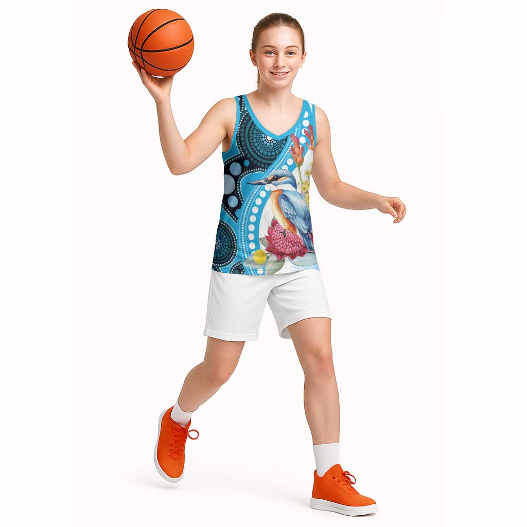 Australia Azure Kingfisher Basketball Jersey Australian Native Flowers Indigenous Art - Aussie Hoodie