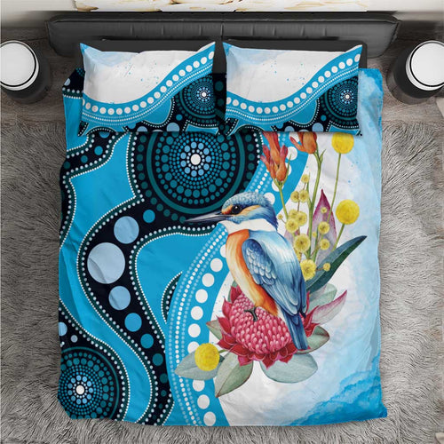 Australia Azure Kingfisher Bedding Set Australian Native Flowers Indigenous Art - Aussie Hoodie