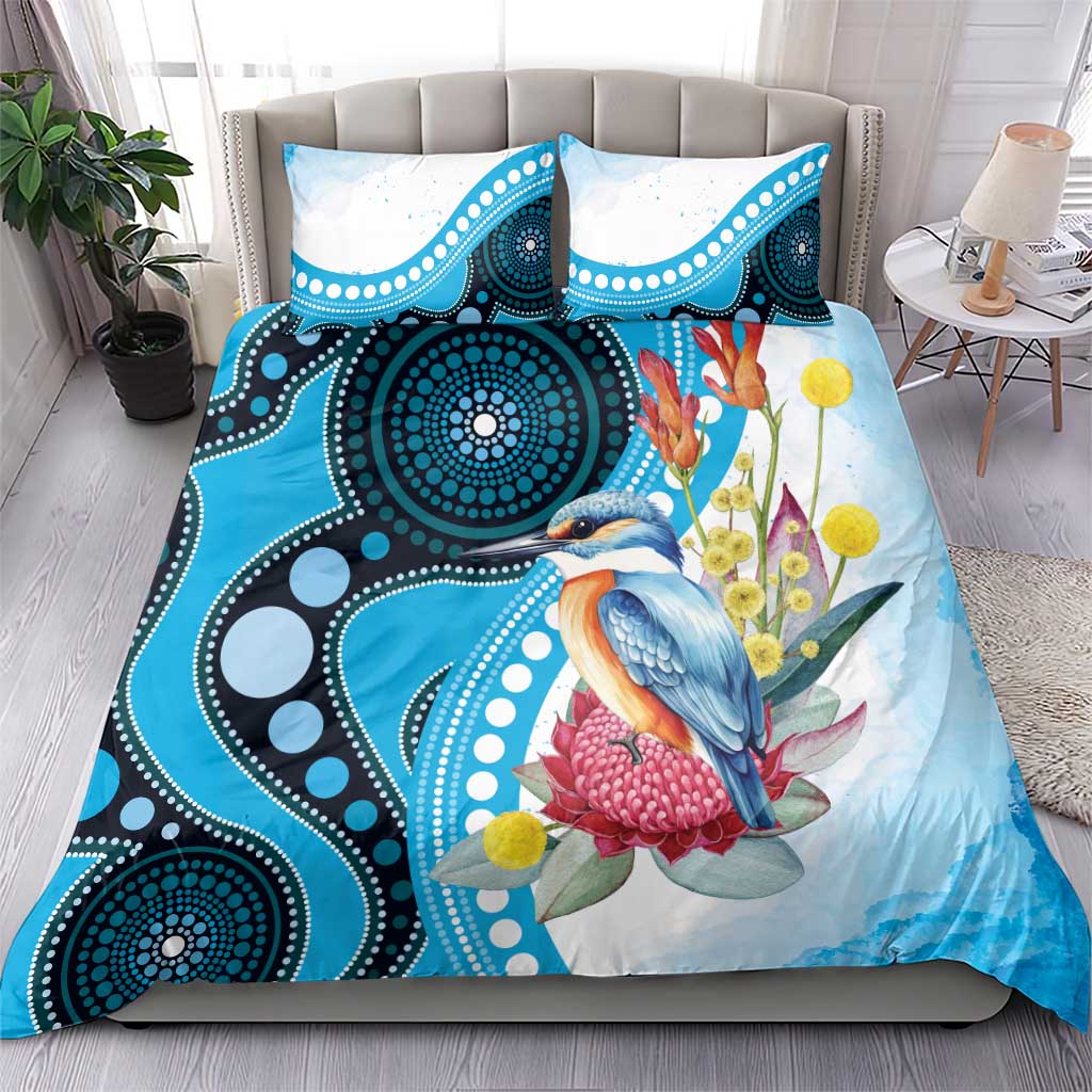 Australia Azure Kingfisher Bedding Set Australian Native Flowers Indigenous Art - Aussie Hoodie