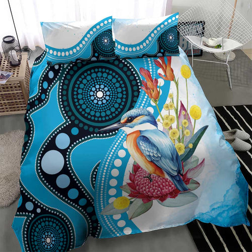 Australia Azure Kingfisher Bedding Set Australian Native Flowers Indigenous Art - Aussie Hoodie