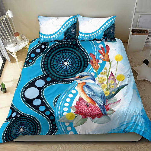 Australia Azure Kingfisher Bedding Set Australian Native Flowers Indigenous Art - Aussie Hoodie