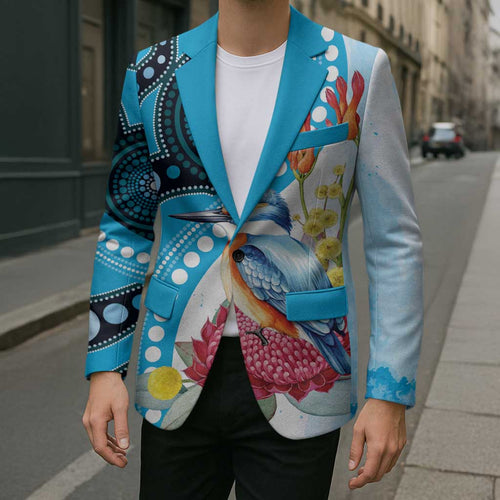 Australia Azure Kingfisher Blazer Australian Native Flowers Indigenous Art - Aussie Hoodie