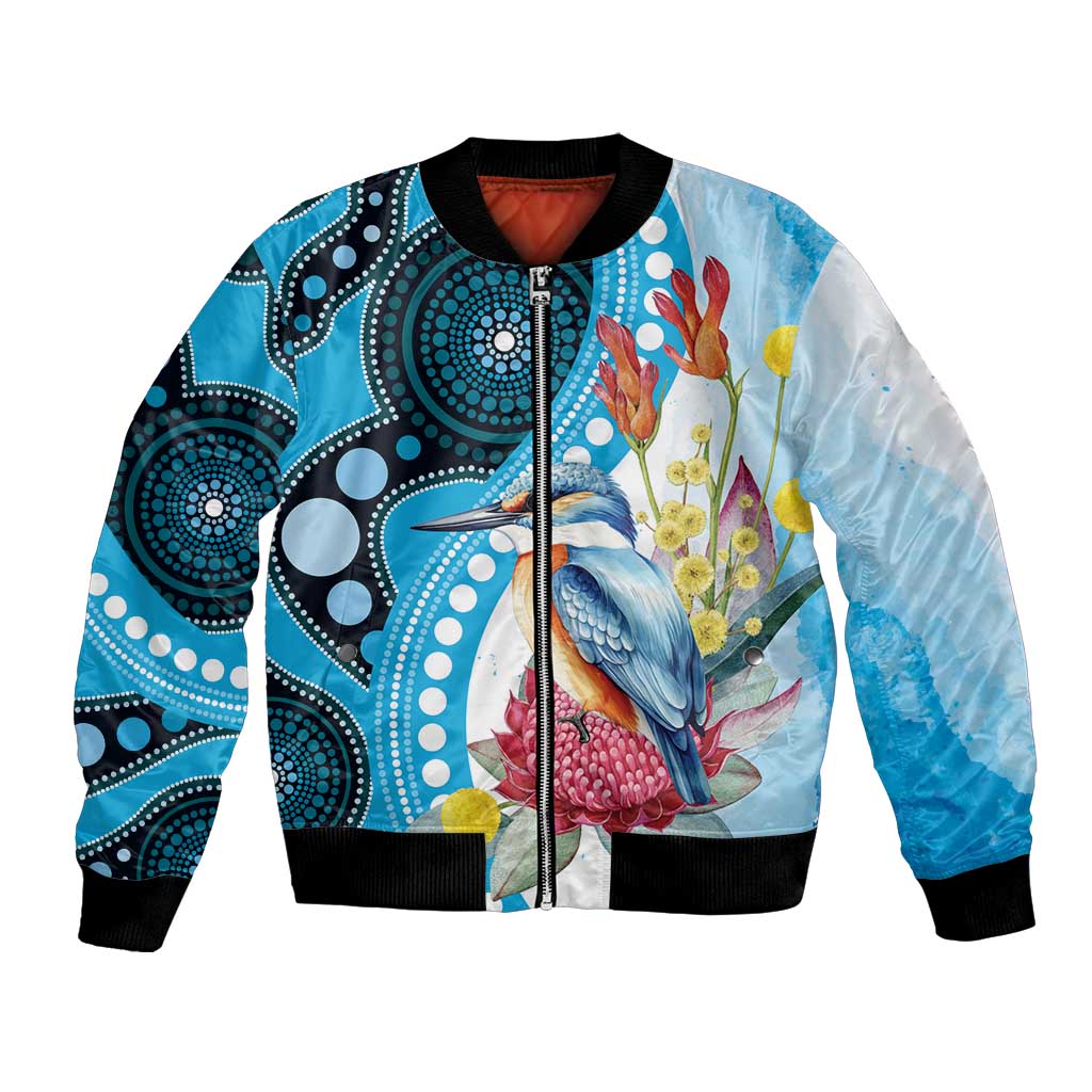 Australia Azure Kingfisher Bomber Jacket Australian Native Flowers Indigenous Art - Aussie Hoodie