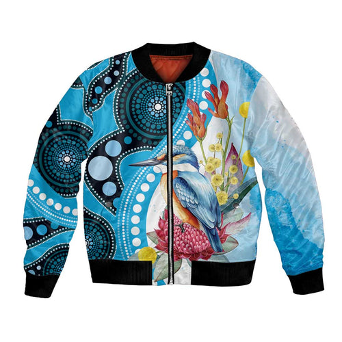 Australia Azure Kingfisher Bomber Jacket Australian Native Flowers Indigenous Art - Aussie Hoodie