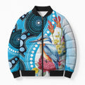 Australia Azure Kingfisher Bomber Puffer Jacket Australian Native Flowers Indigenous Art - Aussie Hoodie