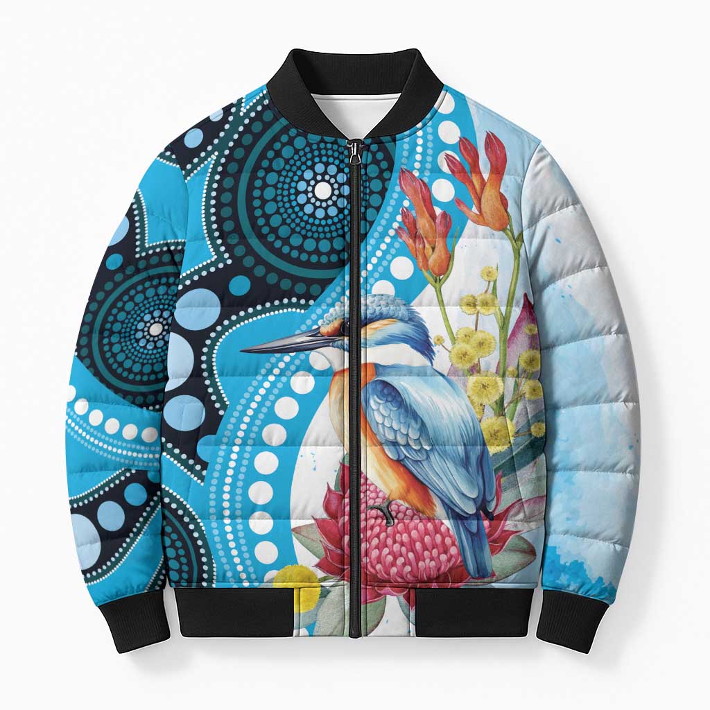 Australia Azure Kingfisher Bomber Puffer Jacket Australian Native Flowers Indigenous Art - Aussie Hoodie