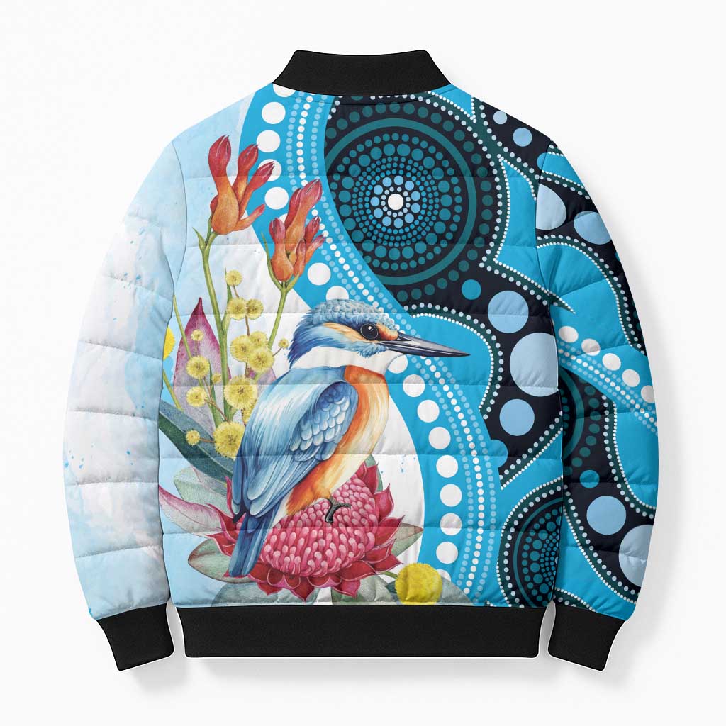 Australia Azure Kingfisher Bomber Puffer Jacket Australian Native Flowers Indigenous Art - Aussie Hoodie