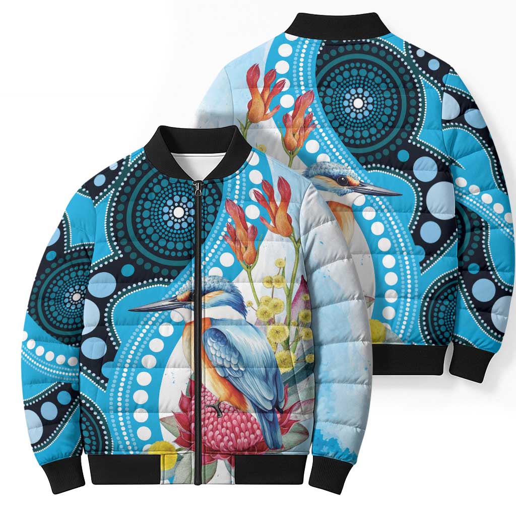 Australia Azure Kingfisher Bomber Puffer Jacket Australian Native Flowers Indigenous Art - Aussie Hoodie