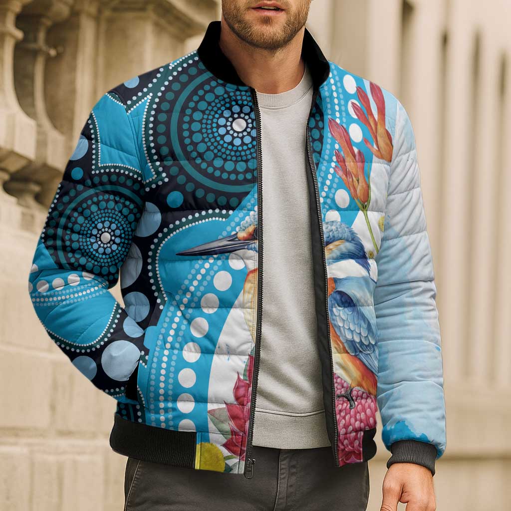 Australia Azure Kingfisher Bomber Puffer Jacket Australian Native Flowers Indigenous Art - Aussie Hoodie