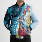 Australia Azure Kingfisher Bomber Puffer Jacket Australian Native Flowers Indigenous Art - Aussie Hoodie