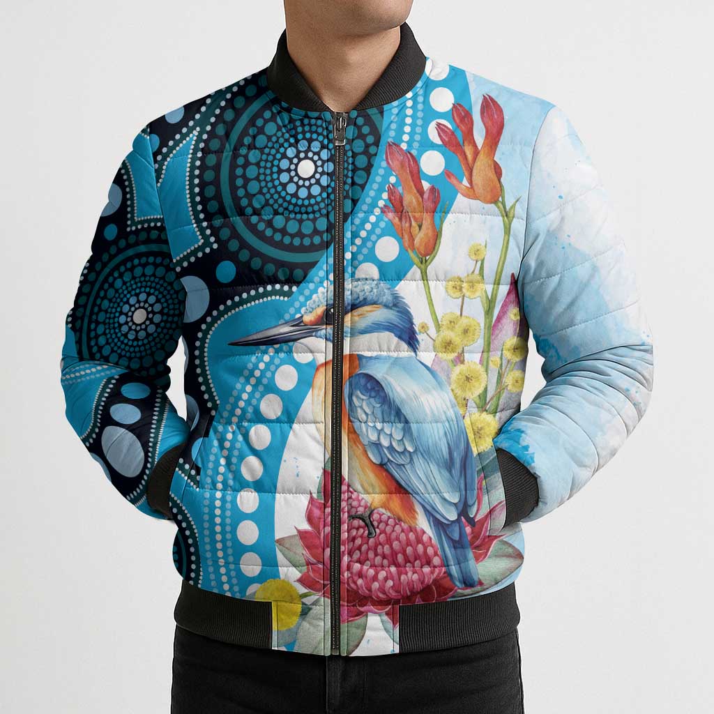 Australia Azure Kingfisher Bomber Puffer Jacket Australian Native Flowers Indigenous Art - Aussie Hoodie