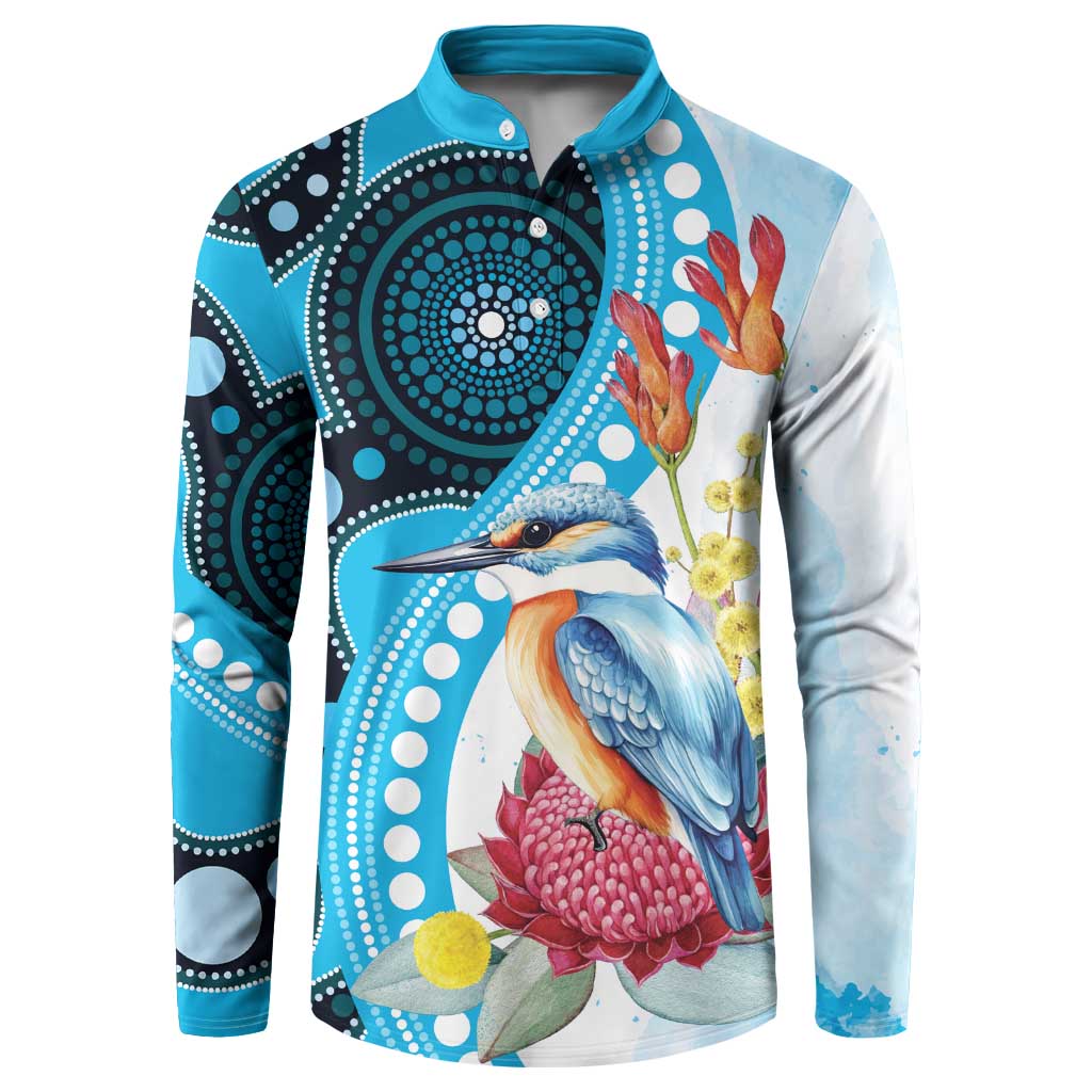 Australia Azure Kingfisher Button Sweatshirt Australian Native Flowers Indigenous Art - Aussie Hoodie