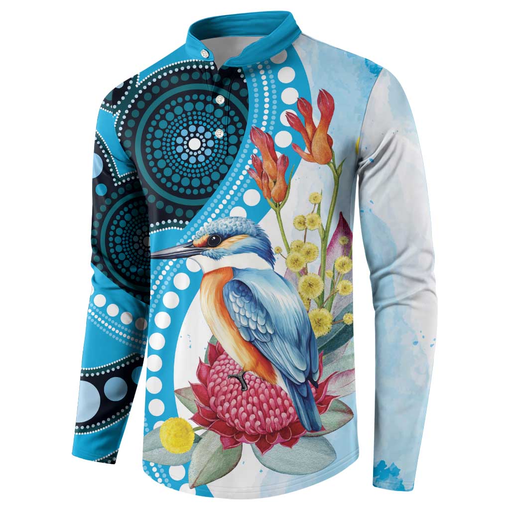 Australia Azure Kingfisher Button Sweatshirt Australian Native Flowers Indigenous Art - Aussie Hoodie