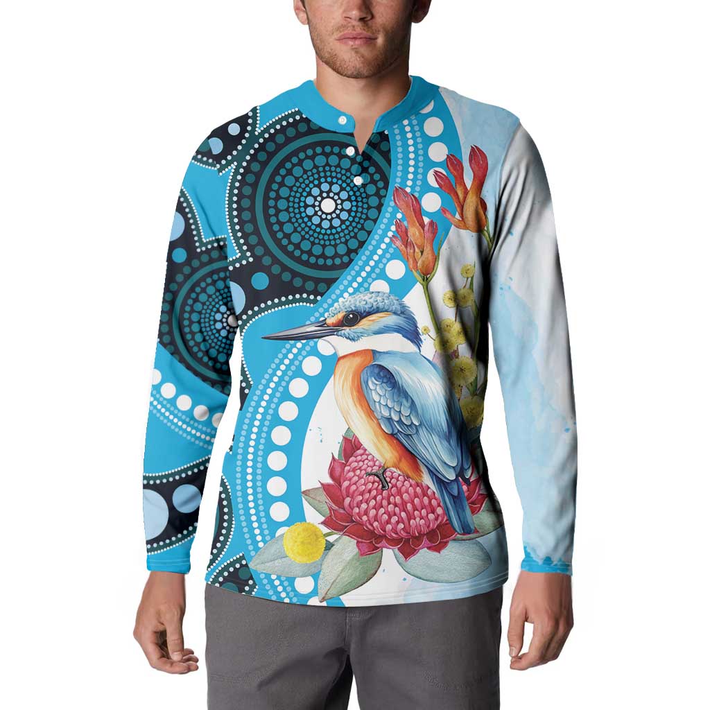 Australia Azure Kingfisher Button Sweatshirt Australian Native Flowers Indigenous Art - Aussie Hoodie