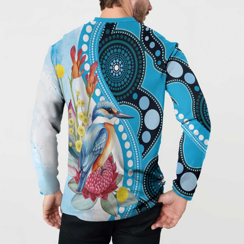 Australia Azure Kingfisher Button Sweatshirt Australian Native Flowers Indigenous Art - Aussie Hoodie